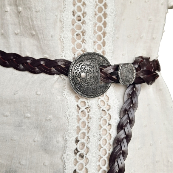 Western genuine braided leather waist belt thin dark Brown Boho metal buckle New - Picture 6 of 12